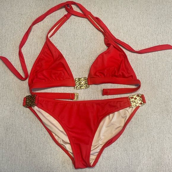 Milly Two-Piece Bikini Set - Orange w/ Gold Details - Like New - Wore 1x - Saks - Picture 5 of 9
